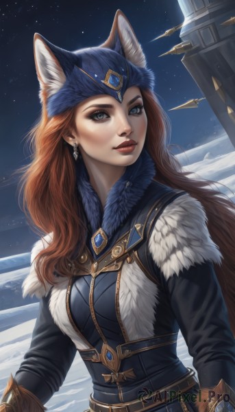 1girl,solo,long hair,breasts,looking at viewer,blue eyes,brown hair,hat,animal ears,jewelry,closed mouth,upper body,weapon,red hair,earrings,outdoors,sky,belt,artist name,cat ears,lips,grey eyes,fur trim,makeup,night,gem,star (sky),night sky,snow,starry sky,snowing,winter clothes,red lips,winter,ears through headwear,medium breasts,coat,lipstick,blue headwear,realistic,nose