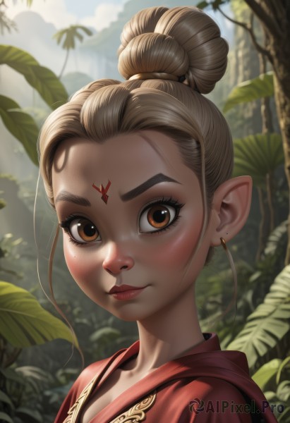 1girl,solo,looking at viewer,smile,blonde hair,brown hair,brown eyes,jewelry,closed mouth,upper body,earrings,outdoors,day,pointy ears,artist name,hair bun,blurry,tree,lips,eyelashes,blurry background,leaf,facial mark,single hair bun,plant,elf,portrait,nature,forehead,freckles,forehead mark,nose,red lips,hair pulled back,breasts,blush,cleavage,close-up