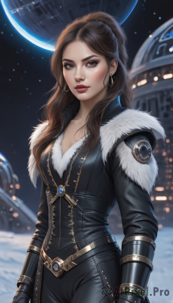 1girl,solo,long hair,breasts,looking at viewer,brown hair,gloves,cleavage,brown eyes,jewelry,medium breasts,standing,ponytail,cowboy shot,earrings,black gloves,belt,pants,mole,blurry,lips,fur trim,bodysuit,makeup,blurry background,black pants,moon,lipstick,star (sky),hoop earrings,realistic,nose,red lips,space,leather,planet,earth (planet),closed mouth,artist name,forehead