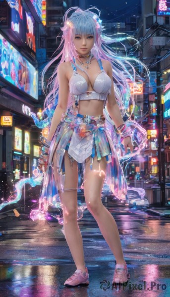 1girl,solo,long hair,breasts,looking at viewer,bangs,blue eyes,skirt,large breasts,hair ornament,navel,holding,cleavage,bare shoulders,jewelry,medium breasts,underwear,blue hair,standing,swimsuit,full body,weapon,pink hair,flower,bikini,multicolored hair,earrings,outdoors,parted lips,shoes,choker,midriff,sword,hair flower,necklace,holding weapon,bra,bracelet,lips,see-through,thigh strap,night,holding sword,building,bikini top only,reflection,dual wielding,city,realistic,pink footwear,street,white hair,gradient hair,ground vehicle,sneakers,motor vehicle,science fiction,car,road,cyberpunk,neon lights