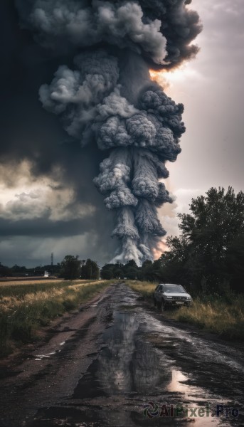 outdoors,sky,day,cloud,signature,water,tree,no humans,cloudy sky,grass,ground vehicle,building,nature,scenery,motor vehicle,smoke,reflection,car,road,river,statue,puddle