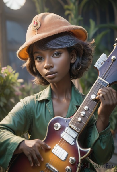 1girl,solo,looking at viewer,short hair,brown hair,shirt,long sleeves,hat,holding,brown eyes,upper body,flower,parted lips,indoors,blurry,lips,depth of field,blurry background,watermark,plant,instrument,web address,freckles,curly hair,realistic,nose,music,brown headwear,guitar,badge,playing instrument,holding instrument,electric guitar,button badge,black hair,dark skin,vest,dark-skinned female