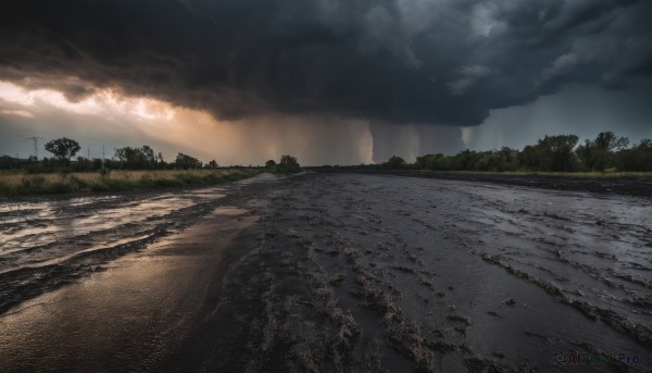 outdoors,sky,cloud,water,tree,no humans,cloudy sky,grass,nature,scenery,forest,smoke,road,lamppost,river,landscape,sunlight,ruins