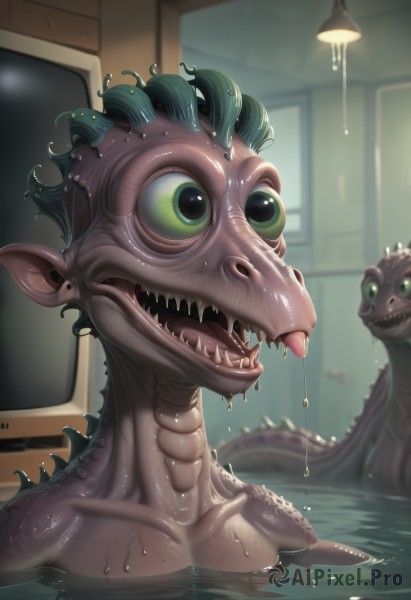 open mouth,green eyes,teeth,tongue,artist name,indoors,water,blurry,wet,no humans,saliva,sharp teeth,tentacles,partially submerged,monster,realistic,lamp,television,dripping,monitor,horror (theme),green hair,looking at another,blurry background,colored sclera,creature,eldritch abomination