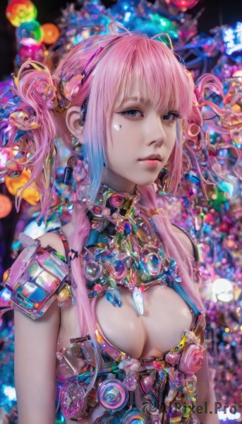 1girl,solo,long hair,breasts,looking at viewer,bangs,blue eyes,hair ornament,cleavage,twintails,jewelry,medium breasts,closed mouth,blue hair,upper body,pink hair,multicolored hair,earrings,blurry,lips,makeup,blurry background,science fiction,realistic,nose,heart,sidelocks,hairband,artist name,armor,gradient hair,facial mark,expressionless,gem,colorful,cyberpunk