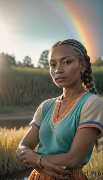 1girl,solo,long hair,breasts,looking at viewer,smile,skirt,shirt,black hair,brown eyes,jewelry,standing,white shirt,upper body,braid,short sleeves,hairband,earrings,small breasts,outdoors,parted lips,sky,day,artist name,dark skin,necklace,blurry,black eyes,vest,bracelet,dark-skinned female,tree,lips,single braid,depth of field,blurry background,watermark,crossed arms,sunlight,ring,grass,blue shirt,forehead,freckles,realistic,nose,rainbow,very dark skin,traditional clothes,dress,closed mouth,collarbone,teeth,signature,blue sky,fingernails,blue dress,thick eyebrows,web address,backlighting,field,orange skirt,dreadlocks