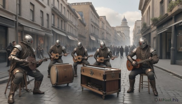 gloves,sitting,male focus,boots,outdoors,multiple boys,day,pants,armor,chair,helmet,shoulder armor,building,instrument,6+boys,pauldrons,city,music,guitar,multiple others,stool,playing instrument,holding instrument,drum,lute (instrument),acoustic guitar,holding,weapon,sky,cloud,tree,blue sky,gauntlets,scenery,science fiction,sign,fantasy,road,lamppost,electric guitar,knight,full armor,crowd,bass guitar,drum set,6+others