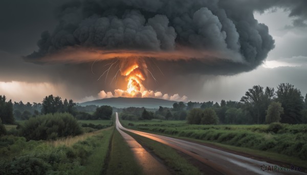 outdoors,sky,cloud,water,tree,no humans,cloudy sky,grass,fire,nature,scenery,forest,smoke,road,bush,explosion,river,landscape,burning