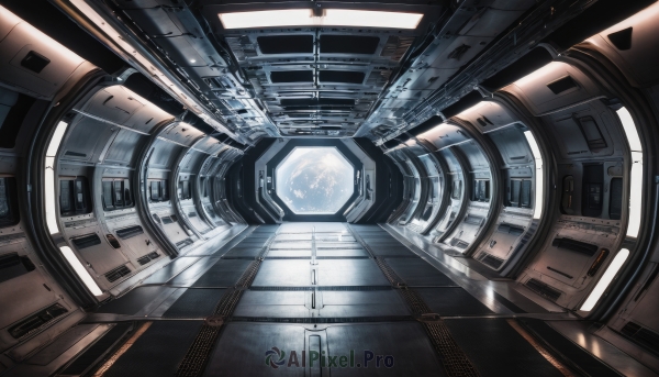 no humans,scenery,reflection,science fiction,realistic,space,planet,spacecraft,spacesuit,cockpit,indoors,robot,floating,machinery,light,cable,machine