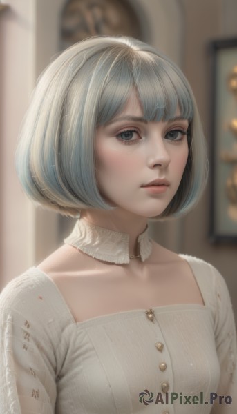 1girl,solo,breasts,looking at viewer,short hair,bangs,blue eyes,shirt,dress,closed mouth,collarbone,upper body,white hair,grey hair,small breasts,artist name,indoors,blunt bangs,white dress,blurry,lips,grey eyes,eyelashes,detached collar,buttons,depth of field,blurry background,bob cut,realistic,nose,blue hair,parted lips,signature