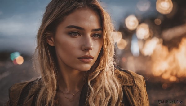 1girl,solo,long hair,blonde hair,brown hair,brown eyes,jewelry,jacket,upper body,necklace,blurry,lips,depth of field,blurry background,wavy hair,portrait,forehead,freckles,epaulettes,realistic,nose,bokeh,outdoors,looking to the side,looking away,looking afar