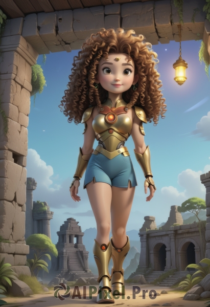 1girl,solo,long hair,looking at viewer,smile,brown hair,brown eyes,jewelry,closed mouth,standing,full body,earrings,boots,outdoors,sky,shorts,day,artist name,cloud,signature,dark skin,armor,dark-skinned female,tree,blue sky,lips,short shorts,makeup,watermark,facial mark,knee boots,plant,shoulder armor,gem,web address,walking,blue shorts,curly hair,pauldrons,breastplate,forehead mark,fantasy,arms at sides,vambraces,armored boots,bracer,greaves,ruins,big hair,forehead jewel,pillar,gold armor,leaf,rock