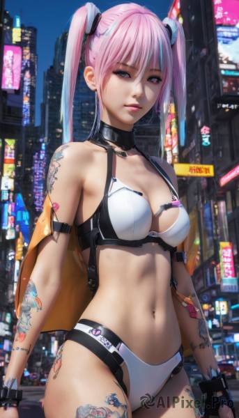 1girl,solo,long hair,breasts,looking at viewer,bangs,blue eyes,gloves,navel,cleavage,hair between eyes,bare shoulders,twintails,jewelry,medium breasts,closed mouth,underwear,blue hair,standing,swimsuit,pink hair,bikini,multicolored hair,cowboy shot,outdoors,sky,black gloves,fingerless gloves,stomach,two-tone hair,lips,tattoo,makeup,night,white bikini,building,city,cityscape,arm tattoo,leg tattoo,cyberpunk,choker,collar,city lights,neon lights