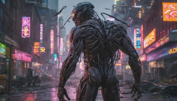 standing, outdoors, from behind, night, glowing, robot, ground vehicle, building, motor vehicle, science fiction, rain, monster, city, realistic, car, road, street, alien, cyberpunk, neon lights, kaijuu