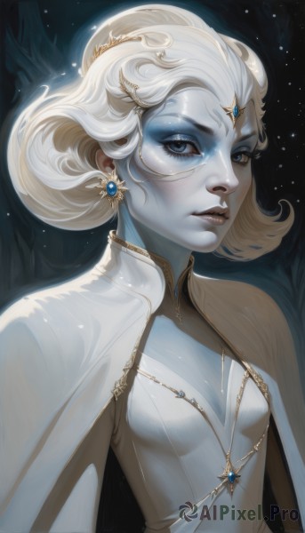 1girl,solo,breasts,looking at viewer,short hair,blue eyes,dress,cleavage,jewelry,upper body,white hair,earrings,small breasts,parted lips,artist name,signature,necklace,cape,white dress,lips,eyelashes,makeup,capelet,colored skin,gem,circlet,nose,blue skin,white cape,white capelet,forehead jewel,blonde hair,hair ornament,hair bun,cleavage cutout,single hair bun,pale skin,white skin