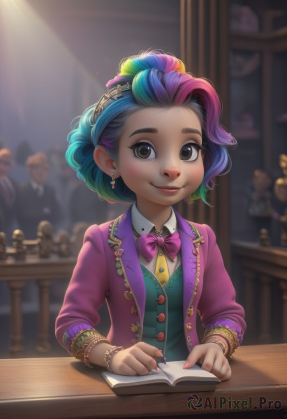 1girl,looking at viewer,blush,smile,short hair,shirt,hair ornament,long sleeves,bow,brown eyes,jewelry,sitting,closed mouth,blue hair,jacket,upper body,pink hair,purple hair,multicolored hair,hairband,earrings,green hair,multiple boys,open clothes,solo focus,collared shirt,artist name,indoors,signature,bowtie,nail polish,blurry,black eyes,vest,bracelet,two-tone hair,open jacket,lips,streaked hair,fingernails,book,eyelashes,gradient hair,makeup,buttons,depth of field,blurry background,table,sunlight,pink bow,child,pink nails,eyeshadow,holding book,purple bow,open book,nose,female child,bangle,pink jacket,purple jacket,multiple others,pink bowtie,purple bowtie,solo,watermark,web address,pen,pencil