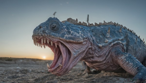 solo,open mouth,tail,outdoors,sky,teeth,tongue,water,from side,no humans,ocean,beach,sharp teeth,sunset,monster,realistic,sand,sun,scales,dinosaur,kaijuu,blurry,spikes,shell,orange sky,sunrise