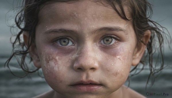 1girl,solo,looking at viewer,short hair,brown hair,black hair,brown eyes,closed mouth,blurry,lips,wet,blurry background,messy hair,portrait,close-up,freckles,realistic,nose,wet hair,green eyes,sweat,eyelashes,expressionless,wind,dirty,dirty face