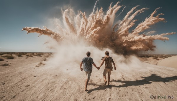 short hair,brown hair,shirt,black hair,standing,short sleeves,male focus,outdoors,multiple boys,sky,shoes,shorts,barefoot,sleeveless,day,2boys,from behind,looking at another,shadow,holding hands,beach,blue shirt,t-shirt,smoke,walking,monster,sand,brown shorts,desert,dust,blue sky,scenery,running,dust cloud