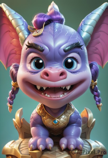 1girl,solo,looking at viewer,smile,open mouth,blue eyes,simple background,hair ornament,jewelry,purple hair,braid,wings,horns,teeth,tongue,twin braids,gradient,gradient background,no humans,fangs,sharp teeth,gem,claws,dragon horns,green background,dragon,scales,:d,multicolored hair,artist name,eyelashes,colored skin,watermark,thick eyebrows,realistic,blue skin