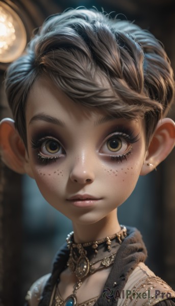 1girl,solo,looking at viewer,short hair,brown hair,brown eyes,jewelry,closed mouth,yellow eyes,upper body,braid,multicolored hair,earrings,choker,artist name,necklace,blurry,dark-skinned female,lips,eyelashes,makeup,depth of field,blurry background,piercing,gem,portrait,close-up,freckles,realistic,nose,mascara,watermark,web address