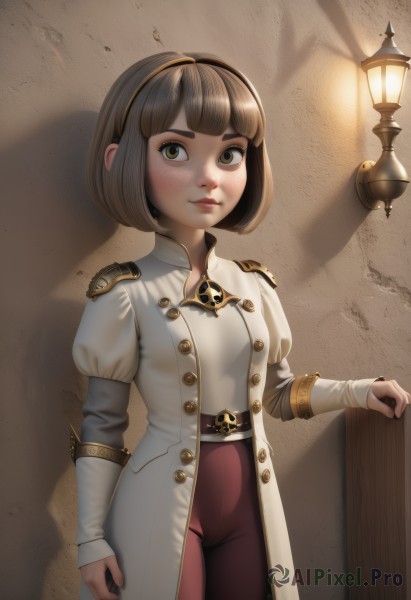 1girl,solo,looking at viewer,smile,short hair,bangs,brown hair,long sleeves,brown eyes,closed mouth,standing,cowboy shot,hairband,puffy sleeves,belt,pants,blunt bangs,lips,coat,buttons,shadow,bob cut,juliet sleeves,freckles,open coat,lantern,nose,white coat,red pants,long coat,light bulb,breasts,blush,shirt,open clothes,uniform,thick eyebrows,epaulettes,door,wall,lamppost,brown hairband