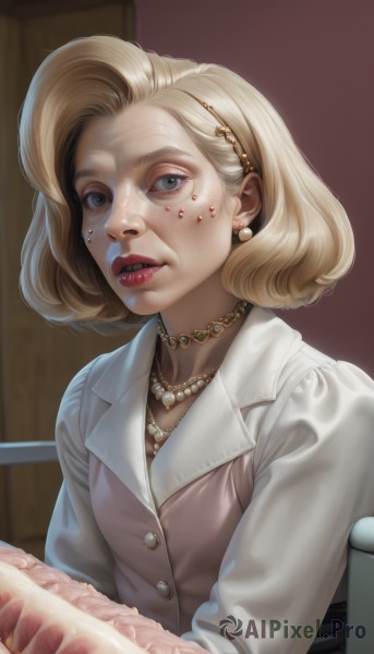 1girl,solo,looking at viewer,short hair,blue eyes,blonde hair,shirt,long sleeves,jewelry,sitting,white shirt,upper body,hairband,earrings,parted lips,food,teeth,indoors,necklace,vest,lips,grey eyes,makeup,chair,lipstick,freckles,realistic,nose,red lips,meat,pearl necklace,horror (theme),hair ornament,jacket,heart,choker