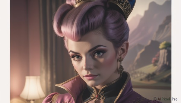 1girl,solo,looking at viewer,smile,short hair,blue eyes,hair ornament,jewelry,closed mouth,pink hair,purple hair,multicolored hair,earrings,artist name,signature,hair bun,blurry,two-tone hair,lips,eyelashes,makeup,blurry background,lipstick,gem,portrait,high collar,nose,lamp,indoors,single hair bun,curtains,eyeshadow,realistic,mascara,updo