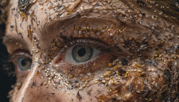 1girl,solo,looking at viewer,bangs,blue eyes,blonde hair,brown hair,blurry,eyelashes,depth of field,portrait,close-up,reflection,eye focus,water drop,coin,gold,sideways,shards