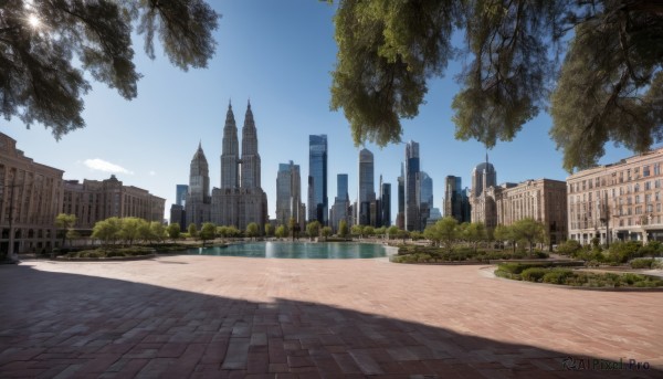 outdoors,sky,day,cloud,water,tree,blue sky,no humans,shadow,sunlight,grass,plant,building,scenery,reflection,city,road,bush,cityscape,bridge,river,skyscraper,real world location,lamppost,street,skyline