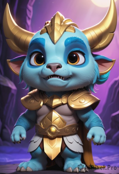 solo,looking at viewer,open mouth,1boy,brown eyes,blue hair,standing,full body,yellow eyes,male focus,outdoors,horns,teeth,artist name,cape,armor,no humans,night,fangs,moon,sharp teeth,shoulder armor,claws,furry,furry male,yordle,gold armor,animal ears,belt,chibi,colored skin,blue skin,tusks,fish boy