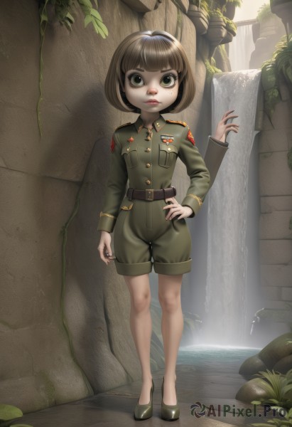 1girl,solo,looking at viewer,short hair,bangs,brown hair,long sleeves,closed mouth,green eyes,standing,full body,outdoors,parted lips,shoes,shorts,belt,artist name,blunt bangs,water,nail polish,black footwear,mole,uniform,lips,fingernails,hand on hip,military,mole under eye,military uniform,bob cut,ring,plant,black nails,buckle,pocket,black belt,rock,breast pocket,wall,ruins,green shorts,pillar,no socks,waterfall,moss,stone wall,jacket,cross,world war ii