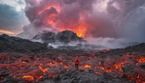 solo, standing, red hair, outdoors, sky, cloud, hood, bag, from behind, backpack, cloudy sky, fire, scenery, smoke, mountain, wide shot, lightning, molten rock