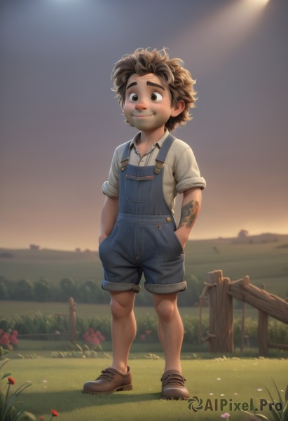 solo,looking at viewer,smile,short hair,brown hair,shirt,1boy,brown eyes,standing,full body,white shirt,flower,short sleeves,male focus,outdoors,shoes,shorts,collared shirt,blurry,tattoo,facial hair,brown footwear,thick eyebrows,grass,messy hair,child,freckles,curly hair,hands in pockets,fence,overalls,arm tattoo,male child,field,wooden fence,overall shorts,green eyes,sandals,denim,sunset,hand in pocket,sun