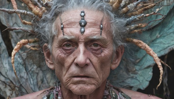 solo,looking at viewer,1boy,brown eyes,jewelry,closed mouth,white hair,grey hair,male focus,wings,necklace,blurry,bug,portrait,realistic,antennae,old,old man,old woman,wrinkled skin,horns,tree,grey eyes,extra eyes