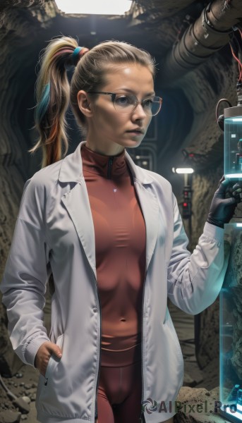 1girl,solo,long hair,breasts,blonde hair,brown hair,gloves,jewelry,standing,ponytail,open clothes,glasses,black gloves,lips,bodysuit,skin tight,science fiction,hand in pocket,realistic,nose,round eyewear,labcoat,rimless eyewear,blue eyes,navel,jacket,sweater,cyberpunk