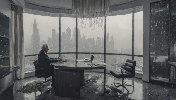 solo,short hair,long sleeves,1boy,holding,sitting,jacket,monochrome,greyscale,male focus,indoors,window,chair,formal,table,suit,curtains,building,scenery,snow,desk,rain,snowing,paper,city,computer,wide shot,monitor,keyboard (computer),office chair,mouse (computer),office,grey theme,1girl,white hair,grey hair,sky,from side,book,water drop,cityscape,laptop,skyscraper,skyline