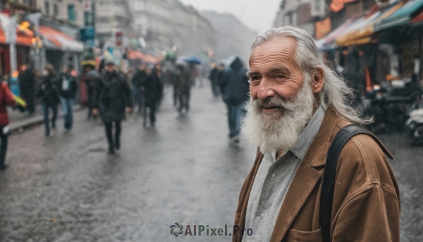 solo,looking at viewer,smile,shirt,1boy,jewelry,jacket,white shirt,upper body,white hair,male focus,outdoors,multiple boys,solo focus,collared shirt,necklace,bag,blurry,coat,depth of field,blurry background,facial hair,backpack,beard,meme,brown jacket,realistic,mustache,old,brown coat,old man,crowd,photo background,long hair,long sleeves,closed mouth,day,lips,grey eyes,scar,ground vehicle,building,motor vehicle,city,car,road,street,people