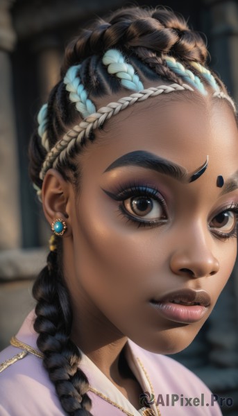 1girl,solo,long hair,looking at viewer,brown hair,black hair,brown eyes,jewelry,blue hair,braid,multicolored hair,earrings,parted lips,dark skin,necklace,blurry,two-tone hair,dark-skinned female,lips,streaked hair,eyelashes,makeup,blurry background,facial mark,thick eyebrows,portrait,close-up,forehead,eyeshadow,realistic,nose,very dark skin,multiple braids,hair ornament,closed mouth,artist name,aqua hair