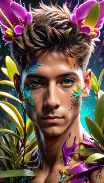 1girl,solo,looking at viewer,short hair,brown hair,hair ornament,1boy,closed mouth,green eyes,collarbone,flower,male focus,artist name,hair flower,dark skin,lips,eyelashes,leaf,watermark,feathers,plant,portrait,close-up,realistic,nose,facepaint,bodypaint,paint splatter,black hair,upper body,star (sky),freckles,feather hair ornament