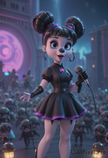 1girl,solo,breasts,looking at viewer,smile,short hair,open mouth,bangs,blue eyes,black hair,gloves,dress,holding,jewelry,standing,short sleeves,hairband,earrings,small breasts,outdoors,teeth,solo focus,tongue,black gloves,puffy sleeves,blunt bangs,fingerless gloves,hair bun,nail polish,blurry,black dress,puffy short sleeves,eyelashes,double bun,makeup,night,depth of field,blurry background,garter straps,short dress,cross,lipstick,child,black nails,microphone,single glove,music,holding microphone,singing,idol,skirt,lips,tattoo,night sky,facepaint,body writing,crowd,spotlight,skull earrings