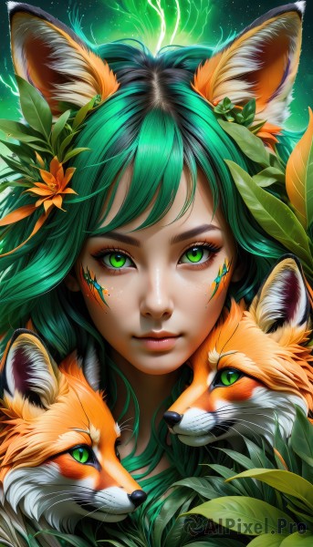 1girl,solo,long hair,looking at viewer,smile,bangs,hair ornament,animal ears,closed mouth,green eyes,flower,green hair,artist name,hair flower,lips,animal ear fluff,fox ears,eyelashes,makeup,glowing,animal,leaf,watermark,facial mark,plant,slit pupils,portrait,eyeshadow,freckles,nose,fox,mascara,multicolored hair