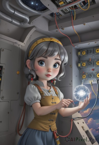 1girl,solo,looking at viewer,blush,short hair,bangs,blue eyes,skirt,shirt,jewelry,white shirt,short sleeves,grey hair,hairband,earrings,parted lips,sky,puffy sleeves,cloud,nail polish,vest,puffy short sleeves,lips,blue skirt,glowing,robot,lipstick,star (sky),starry sky,freckles,science fiction,red lips,cable,yellow hairband,wire,upper body,artist name,watermark,red nails,web address,machine