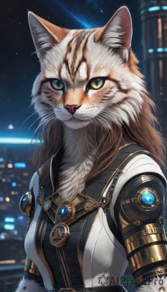 1girl,solo,long hair,breasts,looking at viewer,brown hair,animal ears,jewelry,closed mouth,green eyes,yellow eyes,upper body,outdoors,sky,belt,blurry,night,blurry background,animal,cat,slit pupils,star (sky),night sky,furry,starry sky,colored sclera,science fiction,furry female,white fur,whiskers,cat ears,animal ear fluff,city,cityscape,yellow sclera,city lights