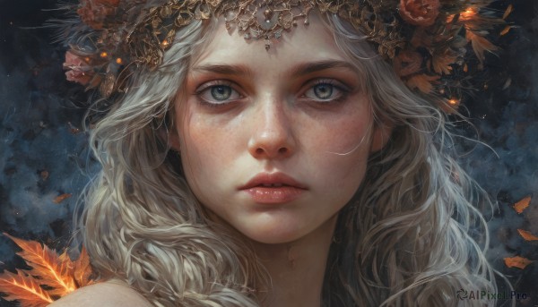 1girl,solo,long hair,looking at viewer,hair ornament,flower,white hair,grey hair,parted lips,teeth,hair flower,lips,grey eyes,eyelashes,leaf,wavy hair,portrait,close-up,circlet,realistic,nose,red lips,bare shoulders,jewelry,green eyes,feathers,freckles,autumn leaves