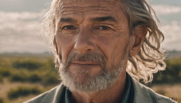 solo,looking at viewer,short hair,1boy,closed mouth,white hair,grey hair,male focus,outdoors,sky,day,cloud,blurry,black eyes,grey eyes,depth of field,blurry background,facial hair,cloudy sky,portrait,beard,realistic,mustache,manly,old,old man,wrinkled skin,shirt,lips,curly hair