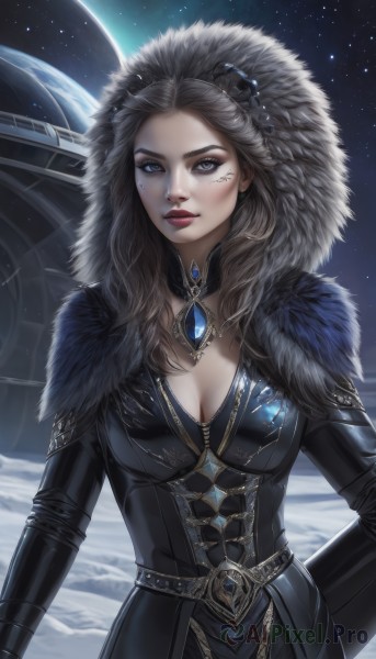 1girl,solo,long hair,breasts,looking at viewer,blue eyes,large breasts,brown hair,hair ornament,dress,cleavage,jewelry,medium breasts,closed mouth,sky,choker,belt,artist name,signature,hood,necklace,mole,black dress,lips,grey eyes,fur trim,mole under eye,makeup,night,facial mark,lipstick,gem,star (sky),snow,eyeshadow,hood up,starry sky,nose,red lips,space,facial tattoo,planet,upper body,moon,realistic