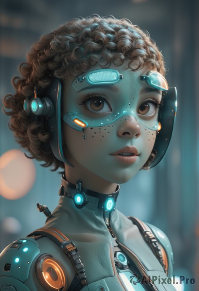 1girl,solo,looking at viewer,short hair,brown hair,brown eyes,upper body,parted lips,artist name,dark skin,blurry,dark-skinned female,lips,eyelashes,bodysuit,blurry background,headgear,watermark,goggles,portrait,zipper,freckles,science fiction,curly hair,realistic,nose,cyborg,teeth,headset,very dark skin,dreadlocks,earpiece