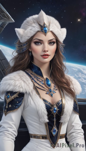 1girl,solo,long hair,breasts,looking at viewer,brown hair,long sleeves,hat,cleavage,brown eyes,jewelry,medium breasts,upper body,earrings,parted lips,sky,necklace,lips,coat,fur trim,makeup,gem,star (sky),starry sky,realistic,nose,white coat,red lips,space,planet,fur hat,earth (planet),dress,grey eyes,feathers,lipstick,eyeshadow