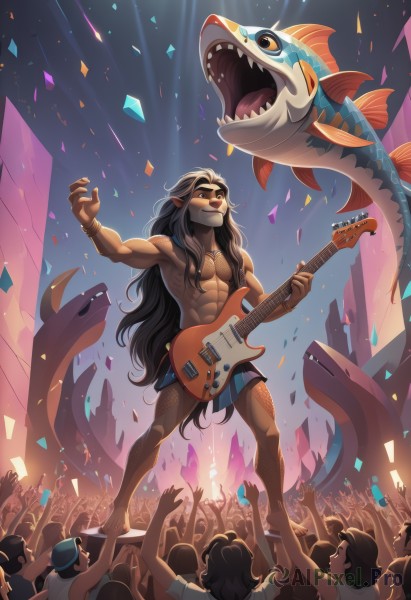 long hair,black hair,1boy,hat,holding,jewelry,very long hair,standing,male focus,multiple boys,barefoot,teeth,solo focus,pointy ears,artist name,dark skin,bracelet,tattoo,mask,muscular,abs,sharp teeth,muscular male,instrument,fish,6+boys,topless male,mouth mask,music,guitar,confetti,dancing,playing instrument,holding instrument,electric guitar,crowd,stage,people,concert,audience,smile,open mouth,grey hair,shorts,hand up,necklace,arm up,arms up,facial hair,sunglasses,fire,looking up,pectorals,fishnets,manly,singing